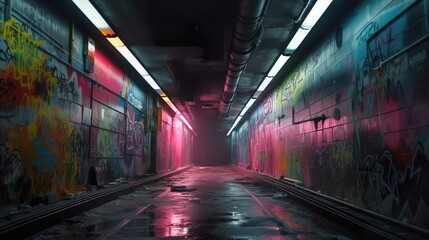 Fototapeta premium Cyberpunk Neon Tunnel. Perspective. Future wallpaper. Grunge industrial scene. Genarative AI illustration.