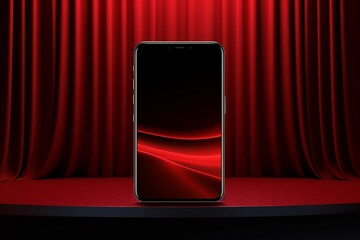 A mockup of a large smartphone screen on a red curtain background with space for a website or image. 3D rendering. Generative AI