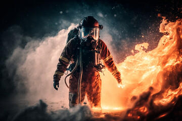 A brave firefighter battles the raging flames, risking all to extinguish the inferno. Generative AI - obrazy, fototapety, plakaty