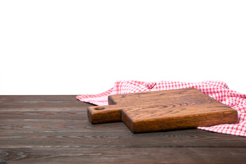 Cutting board with napkin on wooden table with isolated background.Handmade cutting board wood cutting board. Wooden board on a white background. MOCKUP. Design.