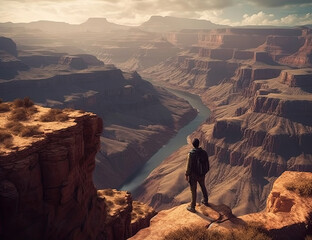 Fototapeta premium Grand Canyon, Traveling, Person Looking in Wonder, Wanderlust, Background, Nature, Landscape. Generative AI