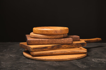 Cutting board on a textured marble kitchen table. Menu food card or recipes background concept.MOCKUP. Design. Place for text, copy space. The concept of food and cooking.