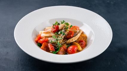 Baked white fish with potatoes, tomatoes, lettuce and microgreens.