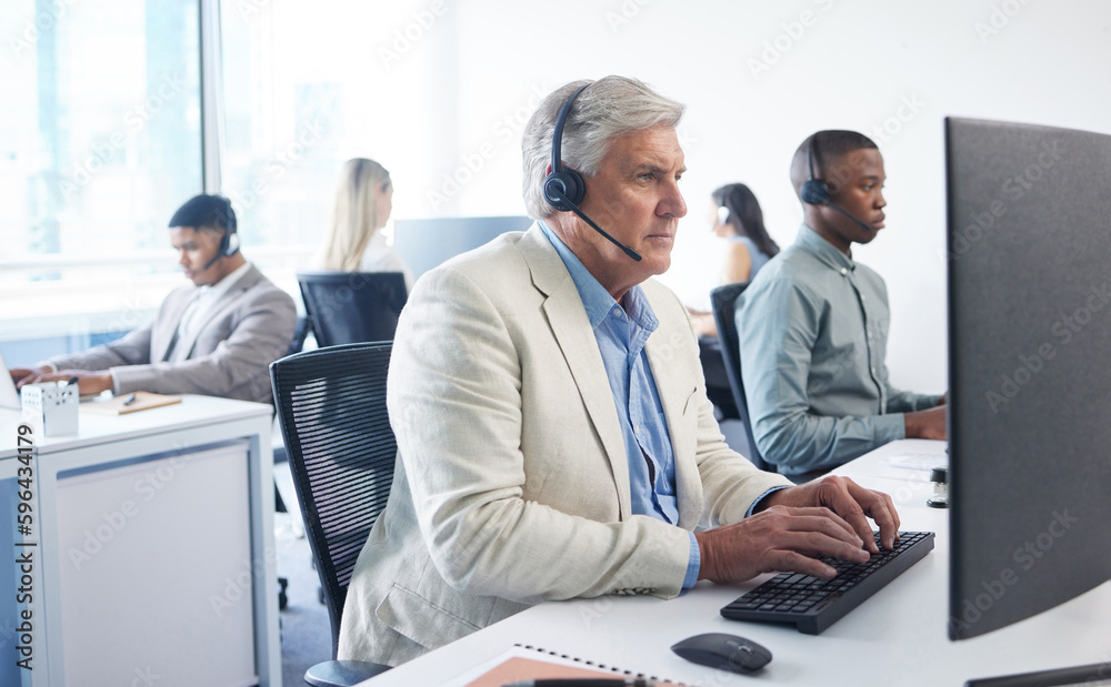 Poster Ive never met a query I cant handle. Portrait of a mature businessman using a headset and computer in a modern office.