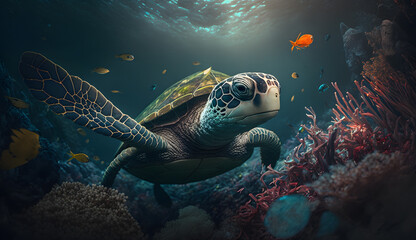 Naklejka na ściany i meble Turtle Swimming in the Sea by the Coral Reef with other Tropical Fish Around