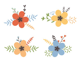 Flower with leaves, floral bouquets set. Vector flowers. Spring art. Happy Easter, Woman Day element. Folk style. Posters for the spring holidays isolated on white background.