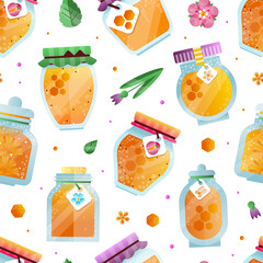 Honey Seamless Pattern Design with Pure and Natural Sweet Food from Sugary Nectar Vector Template