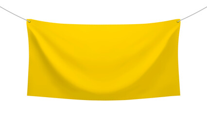 Yellow fabric banner with folds stretched on ropes with space for your slogan, word or art. Png isolated on transparent background