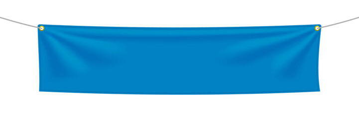 Blue fabric banner with folds stretched on ropes with space for your slogan, word or art. Png...