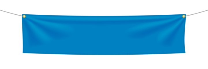 Blue fabric banner with folds stretched on ropes with space for your slogan, word or art. Png isolated on transparent background