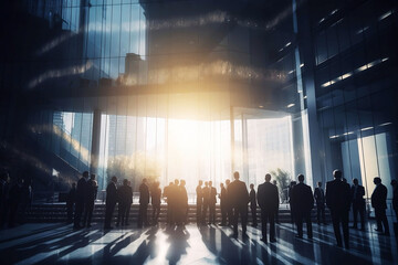 Double Exposure Business Meeting in Backlit Modern Building. Corporate Success and Teamwork Concept with Group of Businessmen and Women