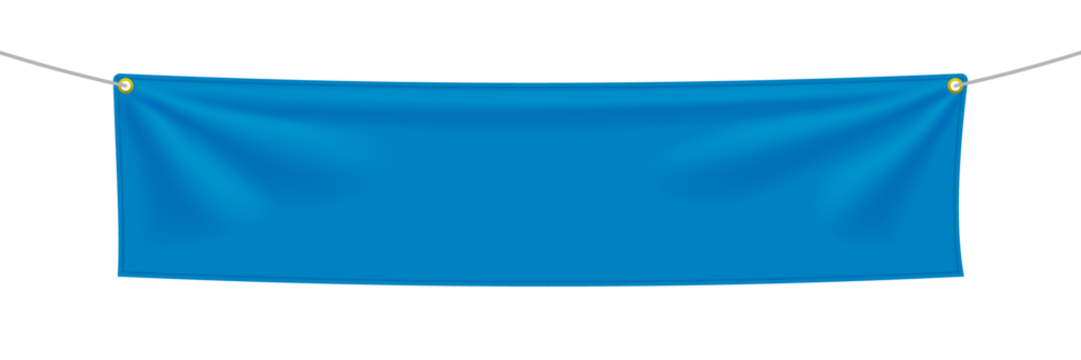 Blue fabric banner with folds stretched on ropes with space for your slogan, word or art. Png isolated on transparent background