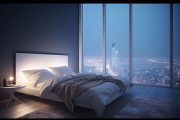 Luxury apartment bedroom interior. Large bed in living room with night city view in window. Hotel bedchamber. Created with Generative AI