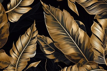 Background of golden exotic leaves. Generative ai.