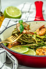 zucchini spaghetti with shrimp, Vegetarian vegetable low carb pasta, superfood concept. Healthy, clean eating. Vegan or gluten free diet