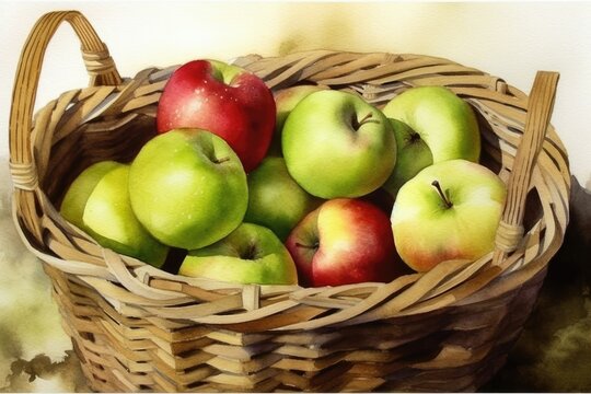 Basket of Apples. Still life watercolor painting. Generative AI