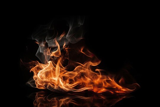 Hot orange flames on a black background. Generative ai.