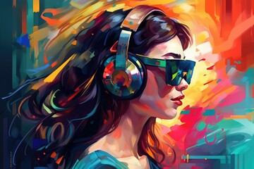 Girl with a vr receiver under her vr glasses in the style of neo-abstract realism. Colorful futurism. Generative AI