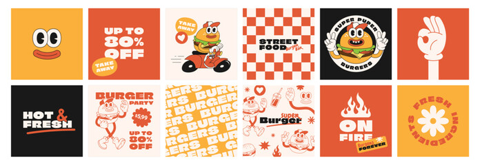 Fototapeta Burger retro cartoon fast food posters and cards. Comic character slogan quote and other elements for burger bar restaurant. Social media templates stories posts. Groovy funky vector illustration. obraz