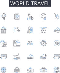 Fototapeta premium World travel line icons collection. Global journey, Overseas adventure, Wanderlust tourism, Intercontinental exploration, Across the globe, Transcultural voyaging, Intercity excursion Generative AI