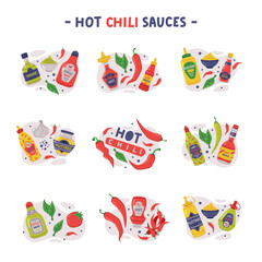 Hot and Spicy Mustard and Chili Sauce in Plastic Bottle Vector Composition Set