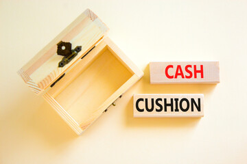 Cash cushion symbol. Concept words Cash cushion on beautiful wooden block. Beautiful white table white background. Empty wooden chest. Business and Cash cushion concept. Copy space.