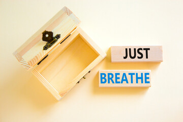 Just breathe and psychological symbol. Concept words Just breathe on beautiful wooden block. Beautiful white background. Empty wooden chest. Business psychological and Just breathe concept. Copy space