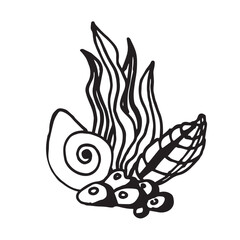 Watercolor composition with fish and algae on a white background.