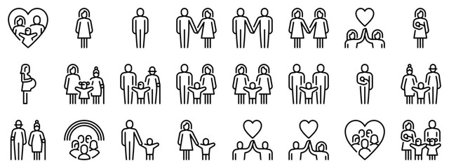 Line icons about people, types of family structures on transparent background with editable stroke.