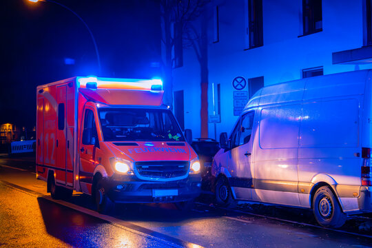 Ambulance at night, blue light, fire department, berlin, germany