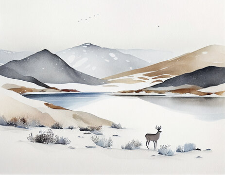 A Minimal Watercolor of a Snowy Mountain Scene with a Reindeer | Generative AI