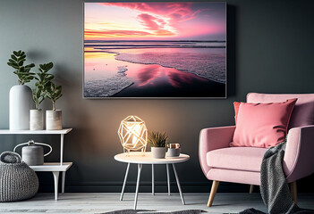 Cozy living room with a large painting on the wall with a pink and lilac sunset on the sea coast. AI Generated