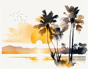 A Watercolor of a Tropical Beach at Sunset | Generative AI