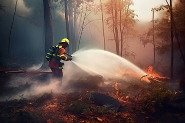 A firefighter extinguishes a burning forest, the image is completely generated by Ai