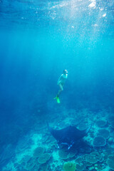 Fototapeta na wymiar Woman snorkeling with manta ray