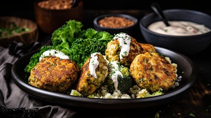 Delicious Veg-Lovers' Sharing Platter: Potato Fritters, Lentil Burgers, Spinach Meatballs and Broccoli with White Sauce for Lunch, Generative AI
