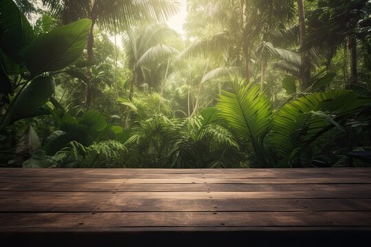 Empty Dark Table Countertop with Tropical Jungle Forest in the Background: Generative AI