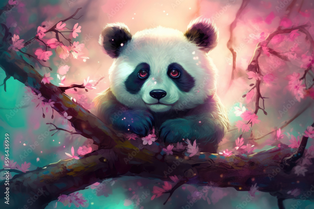 Canvas Prints Cute baby panda sitting on a tree branch, surrounded by pink cherry blossoms and green leaves. Illustration Cartoon. Generative AI