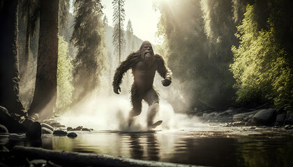 Mysterious creature bigfoot in middle of summer forest with sun light. Generation AI - obrazy, fototapety, plakaty