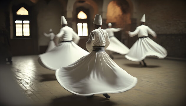 Sufi Dervish Whirling Silhouette in white dress, Turkey. Generation AI