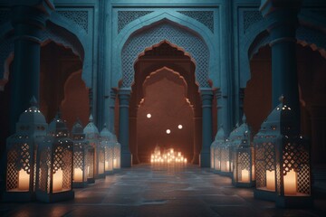 Islamic arches and Ramadan lanterns create a 3D background. Generative AI