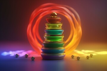 3D-rendered illustration of chakras with a rainbow colored background. Generative AI