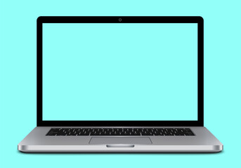 Top view of realistic perspective laptop with keyboard isolated on turquoise background open incline 90 degree. Computer notebook with screen template. mobile computer with keypad. vector illustration
