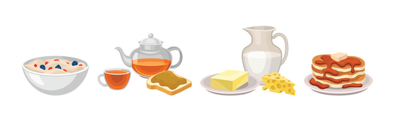 Breakfast Food with Porridge Bowl, Teapot, Milk Jug and Pancakes Vector Set