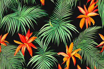 Naklejka na ściany i meble Abstract background of tropical leaves and colorful flowers in a modern style, jungle exotic print texture of natural elements on a black background, created by Generative AI