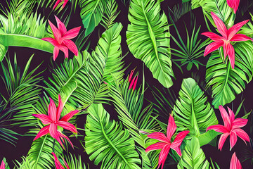 Abstract background of tropical leaves and colorful flowers in a modern style, jungle exotic print texture of natural elements on a black background, created by Generative AI
