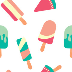 Ice cream seamless pattern. Summer vacation with popsicles, different types of ice cream on a stick. cartoon sweet food vector texture