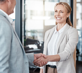 The best partnerships start with a handshake. Shot of two businesspeople shaking hands in an office at work.