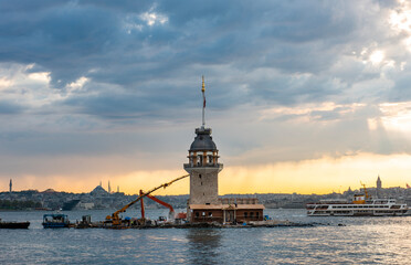 Fototapeta na wymiar Maiden's Tower in Istanbul, Turkey (KIZ KULESI - USKUDAR). Istanbul’s Maiden’s Tower getting a new look. Construction of the Tower.