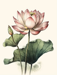 Lotus flower, asian style watercolor art, beautiful serene wall art, clip art, digital asset. Generative AI
